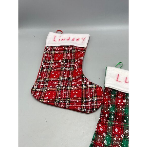Christmas holiday stocking set 2 red green snowflakes hooks plaid soft felt READ - Picture 3 of 8